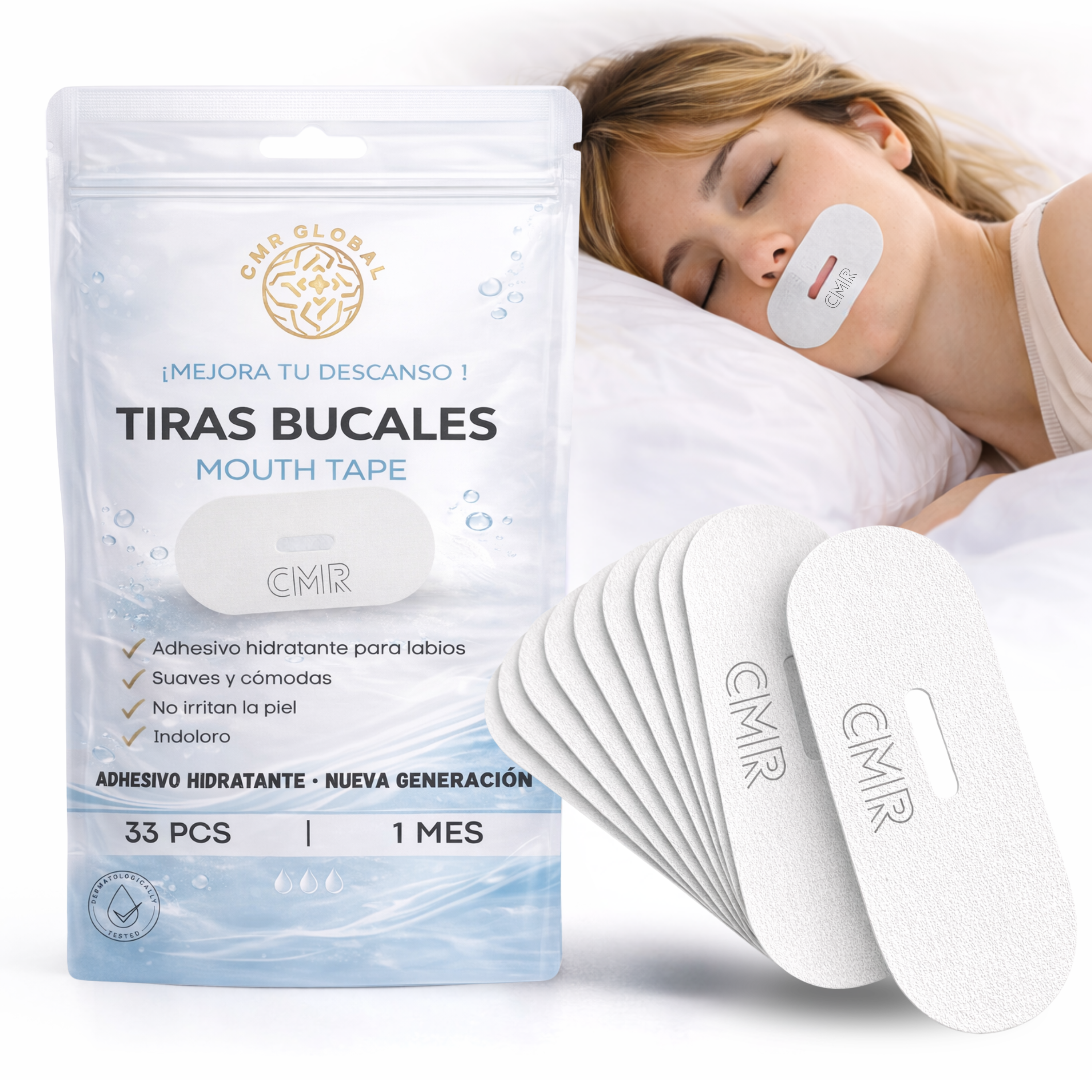 CMR GLOBAL® Tiras Bucales Nueva Generación Adhesivo Hidratante | 33 Unidades