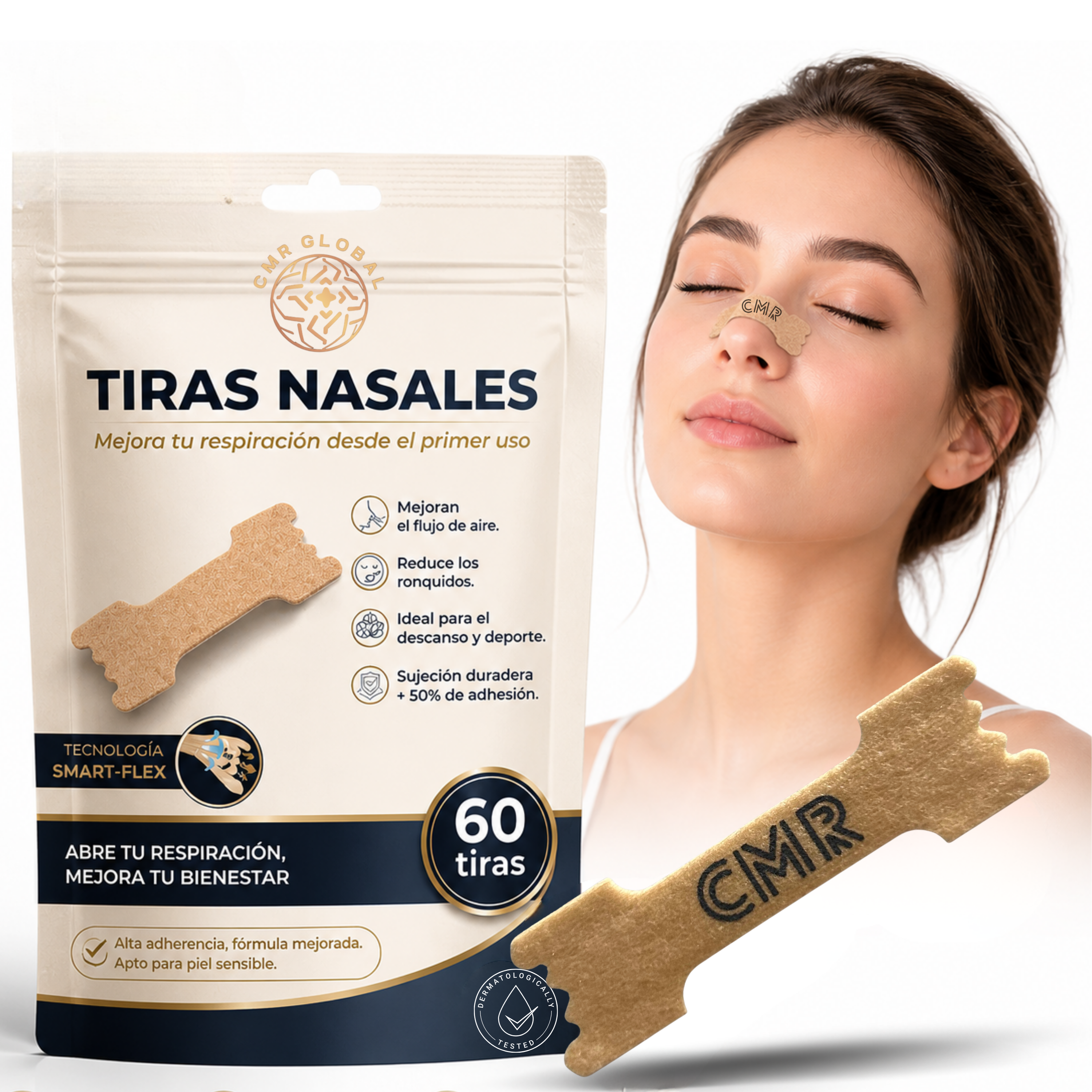 CMR GLOBAL® Tiras Nasales Premium Beig | 60 Unidades